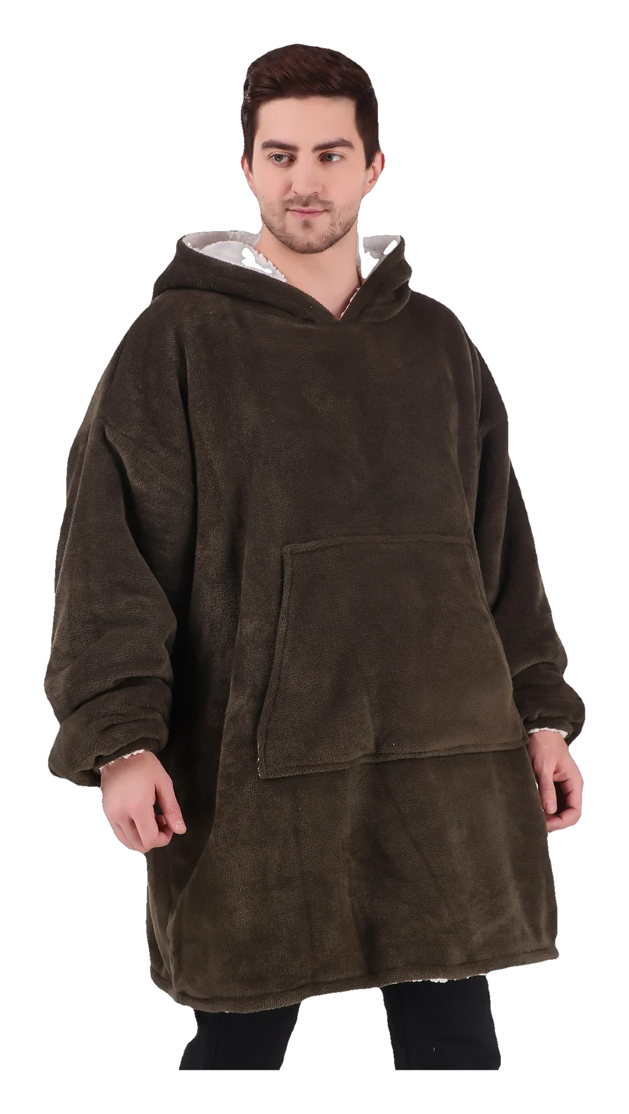 Model wearing the Hugsy oversized hoodie in Pine olive green, hood up, front view