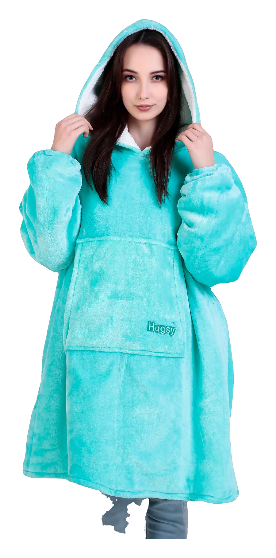 Model wearing the Hugsy oversized hoodie in Frost turquoise, hood up, front view