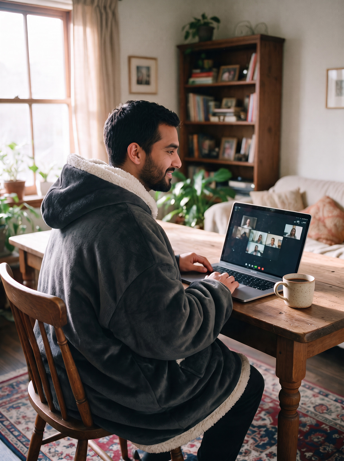 Hugsy Black wearable blanket hoodie, working from home