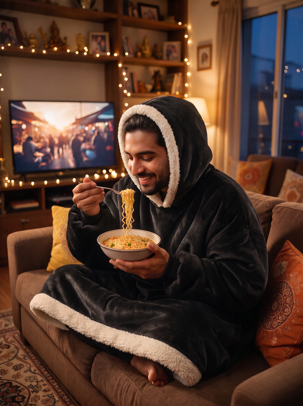 Hugsy Black wearable blanket hoodie, dinner on the sofa
