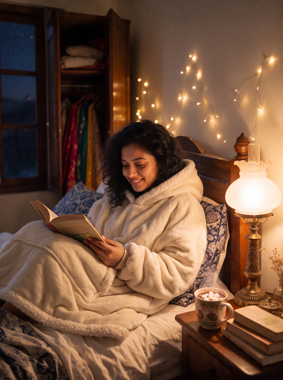 Hugsy Cream wearable blanket hoodie, reading in bed