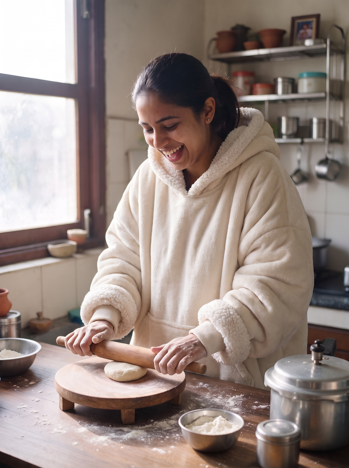 Hugsy Cream wearable blanket hoodie, cooking
