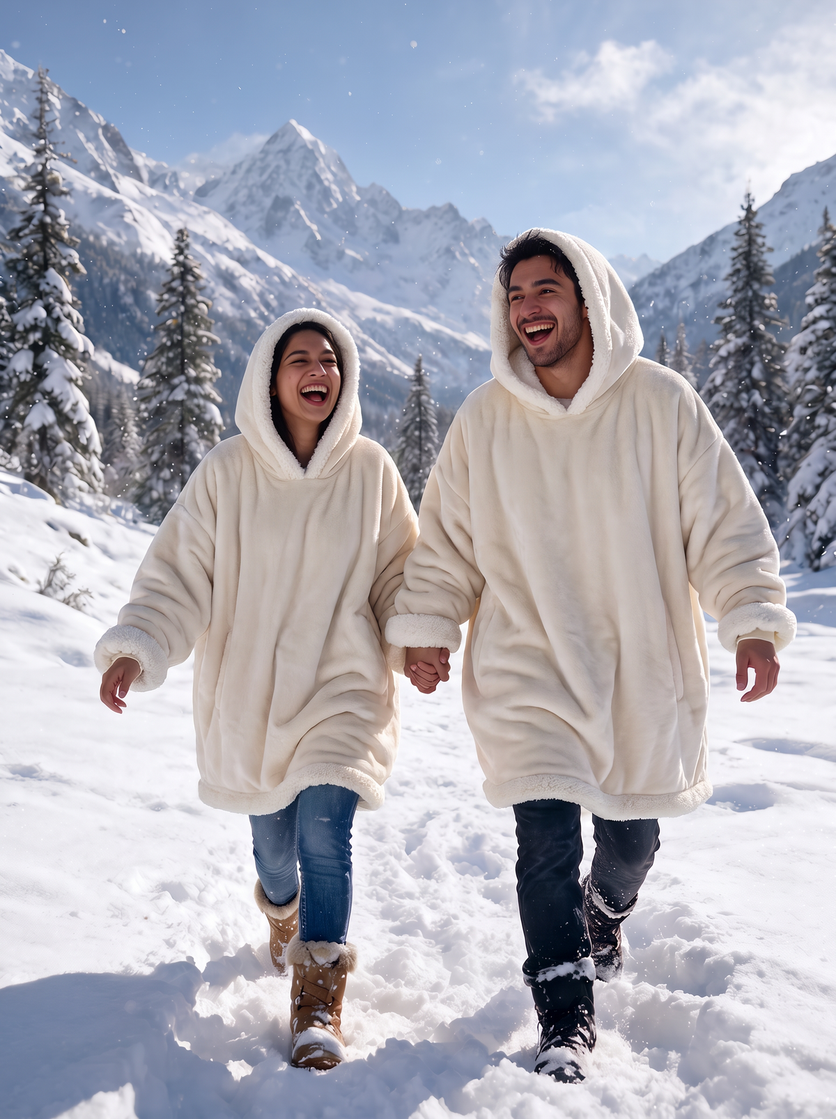 Hugsy Cream wearable blanket hoodie, snowy mountains