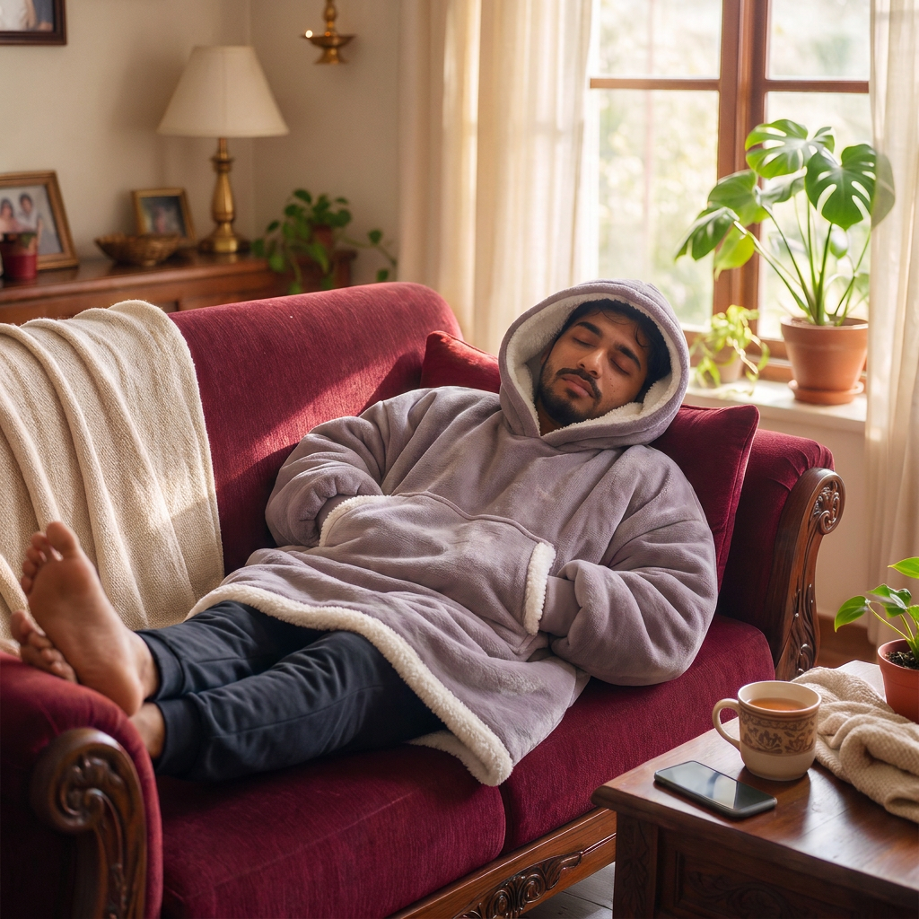 Hugsy Grey wearable blanket hoodie, napping on the sofa