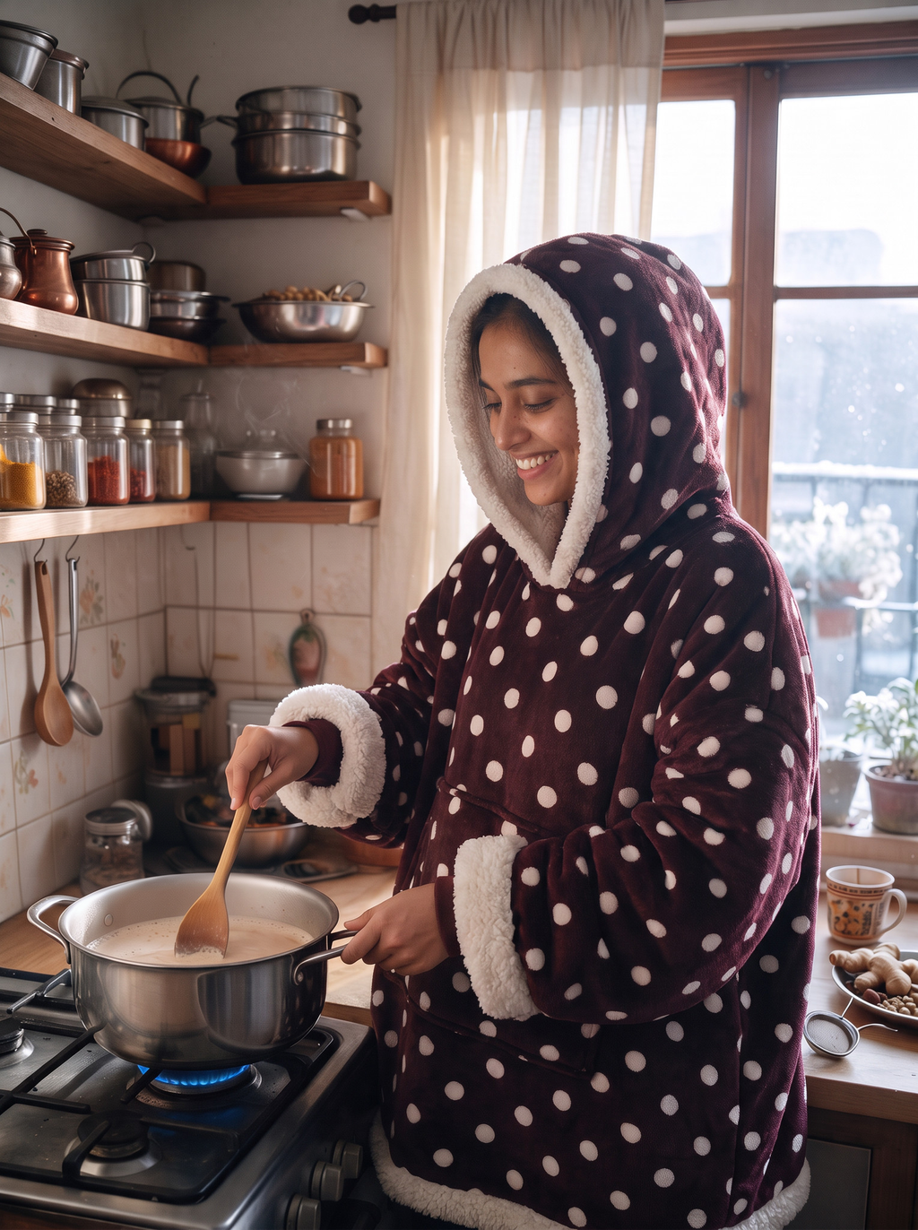 Hugsy Maroon Polka wearable blanket hoodie, cooking