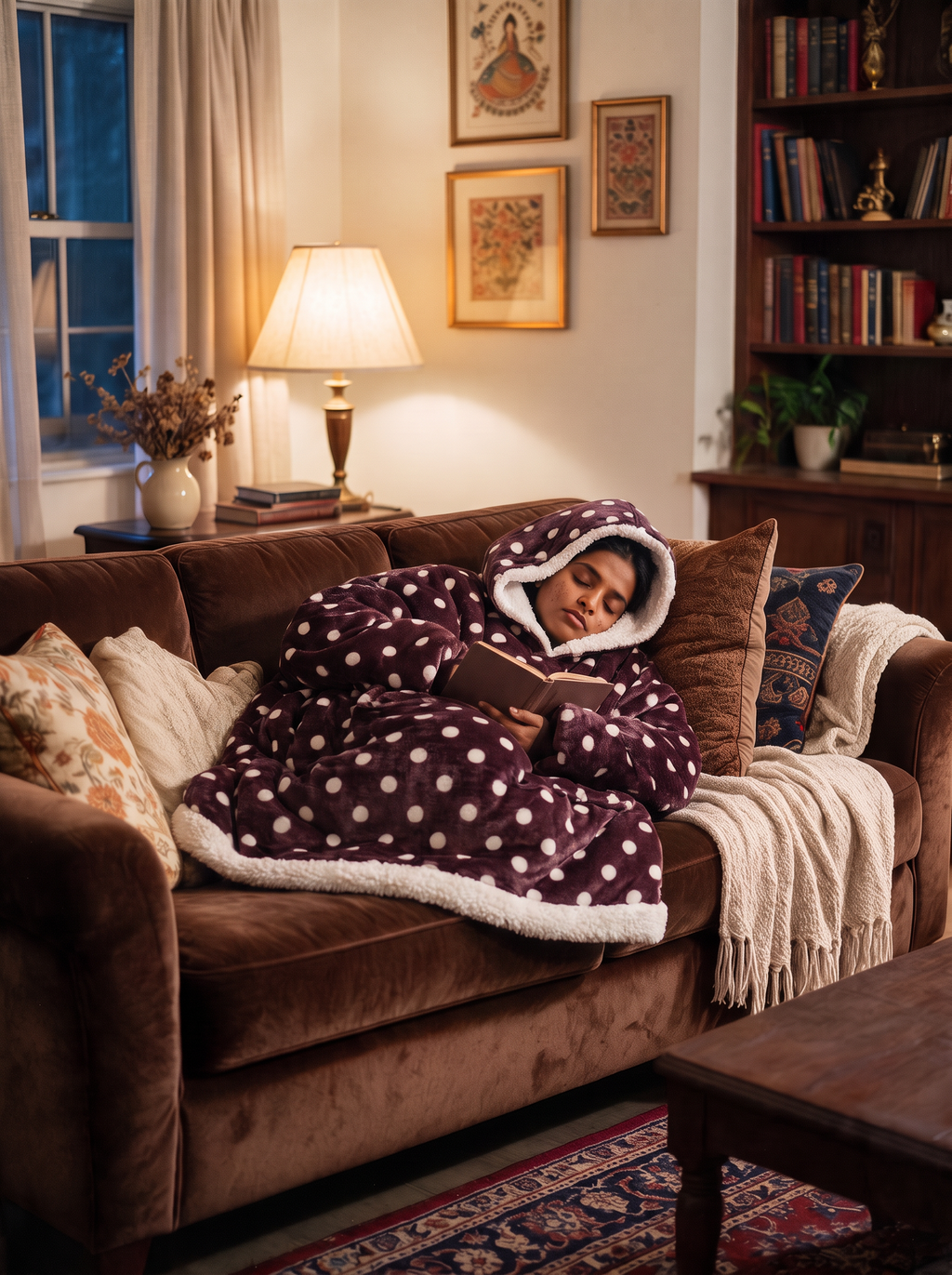 Hugsy Maroon Polka wearable blanket hoodie, napping on the sofa