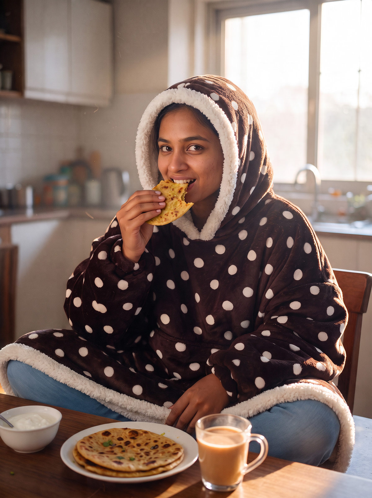 Hugsy Maroon Polka wearable blanket hoodie, breakfast