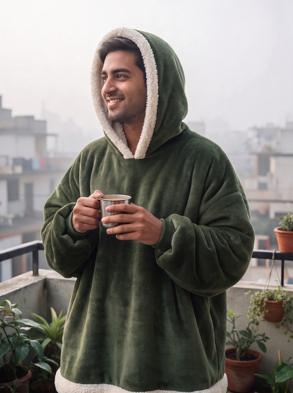 Hugsy Olive Green wearable blanket hoodie, chai on the balcony