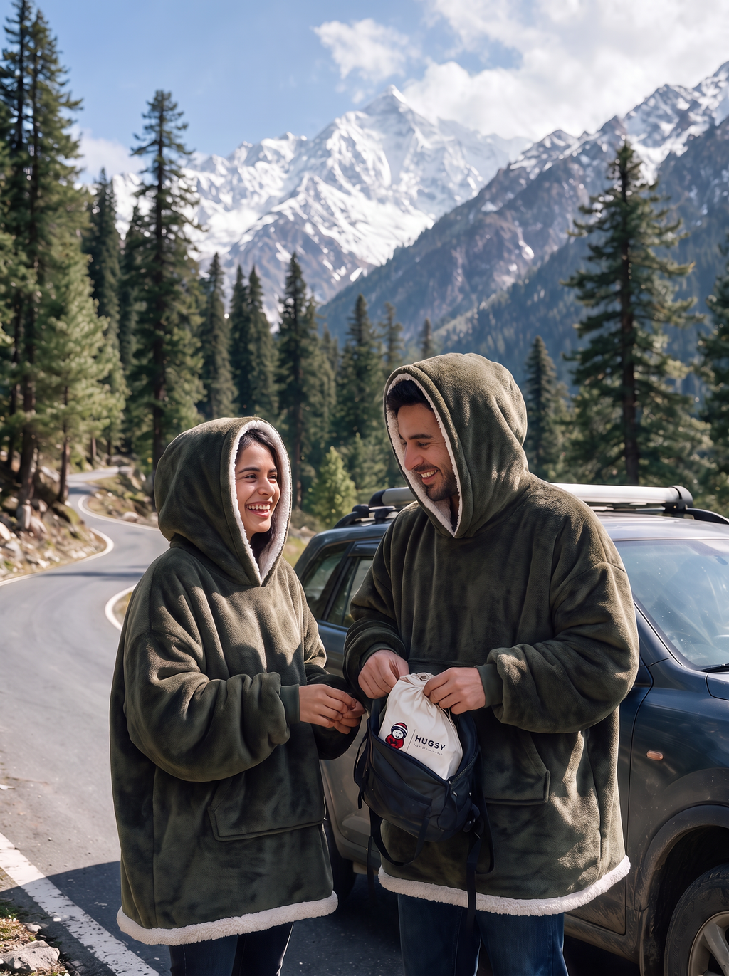 Hugsy Olive Green wearable blanket hoodie, mountain road trip
