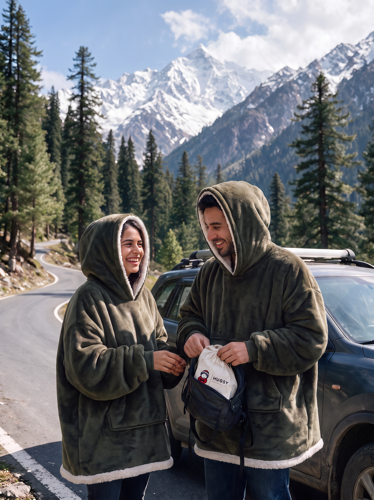 Hugsy Olive Green wearable blanket hoodie, mountain road trip