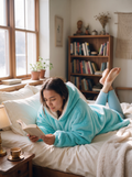 Hugsy Turquoise wearable blanket hoodie, reading in bed