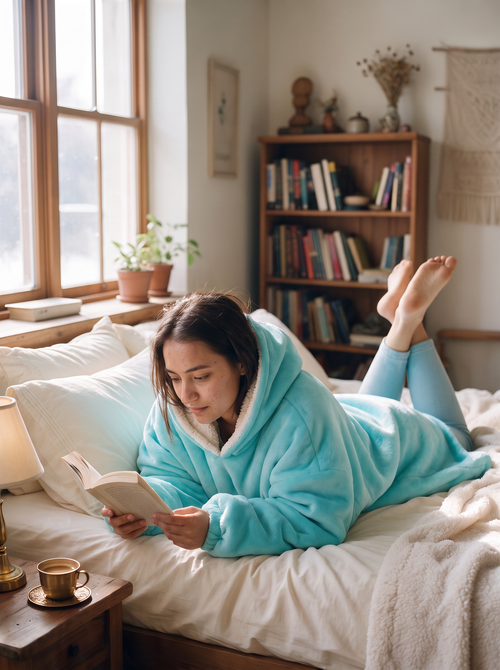 Hugsy Turquoise wearable blanket hoodie, reading in bed