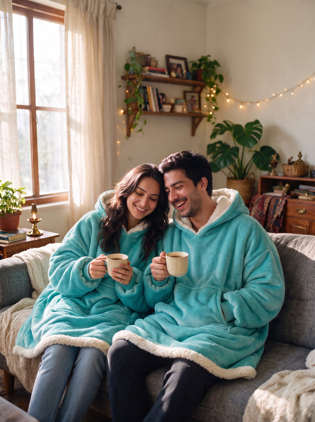 Hugsy Turquoise wearable blanket hoodie, couple coffee