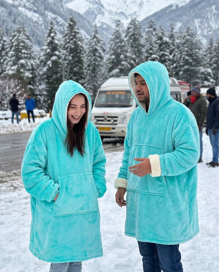 Hugsy Turquoise wearable blanket hoodie, snowy mountains