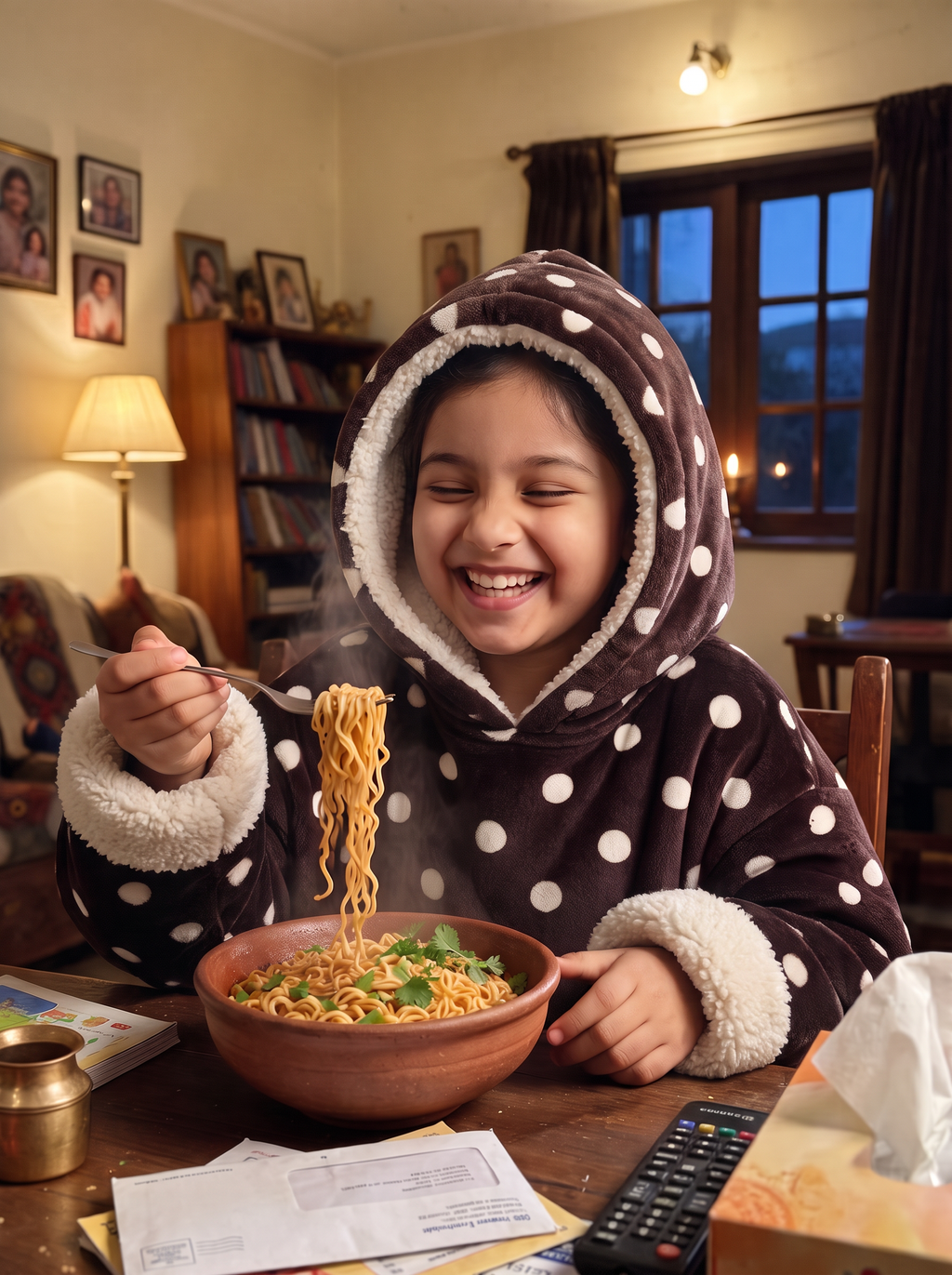 Hugsy Kids Chocolate Polka wearable blanket hoodie, eating noodles