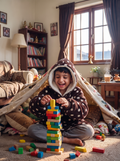 Hugsy Kids Chocolate Polka wearable blanket hoodie, playing with blocks