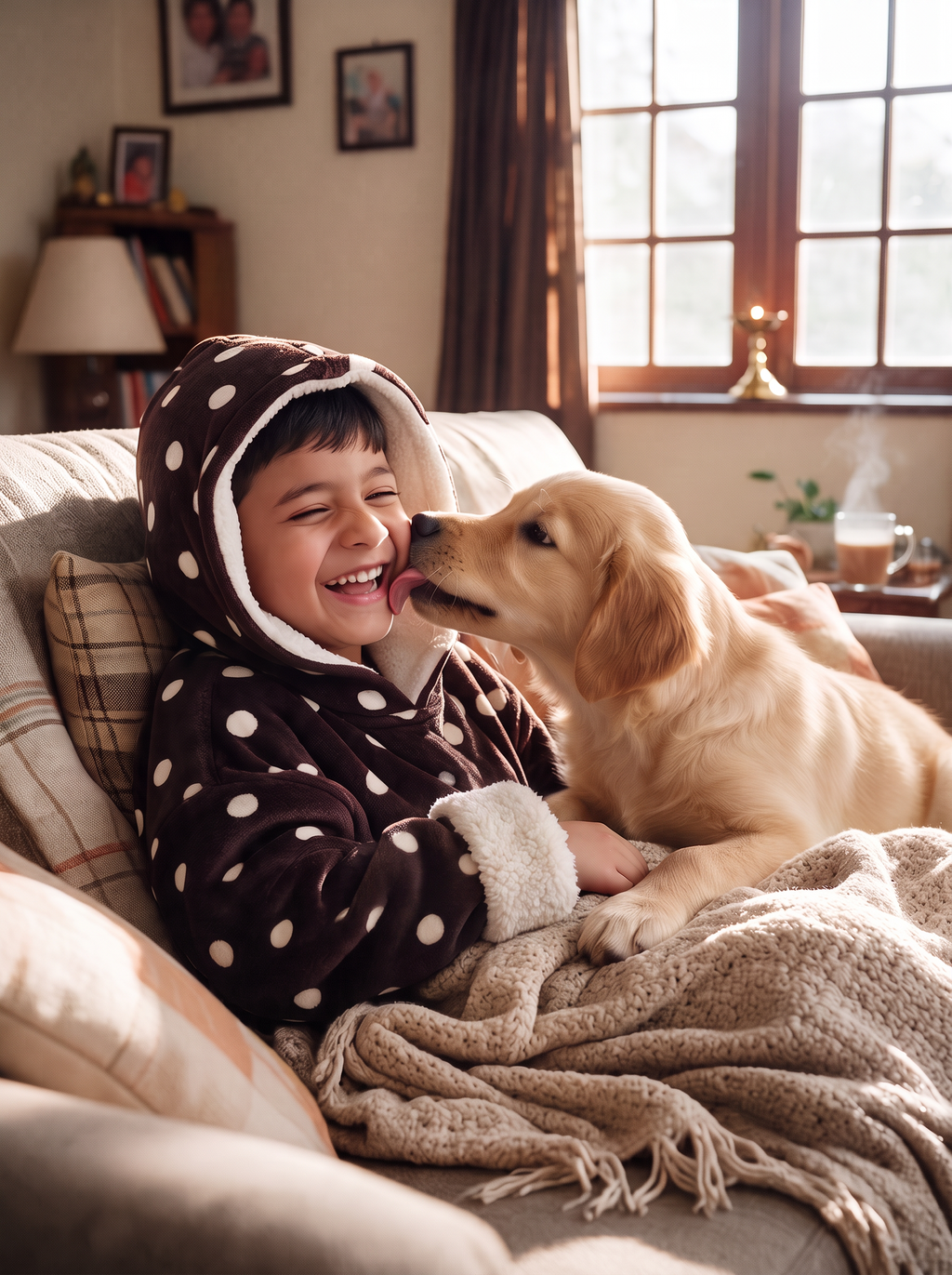 Hugsy Kids Chocolate Polka wearable blanket hoodie, cuddling a puppy