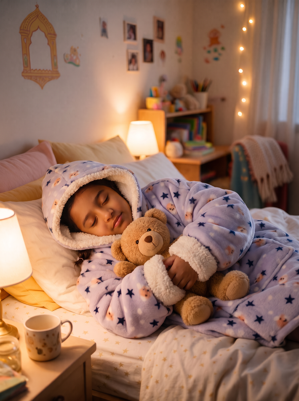 Hugsy Kids Lavender Stars wearable blanket hoodie, sleeping