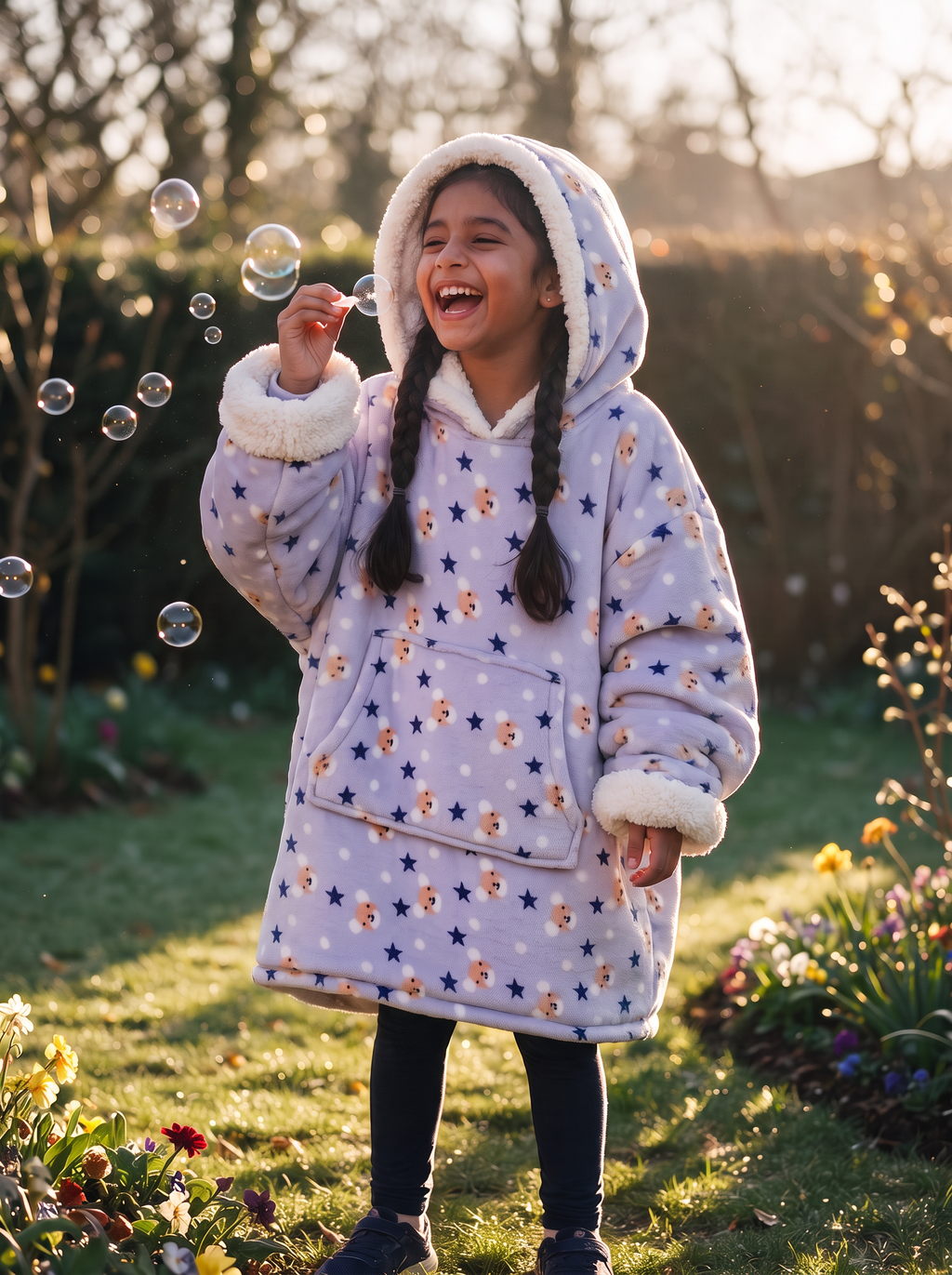 Hugsy Kids Lavender Stars wearable blanket hoodie, playing in the garden