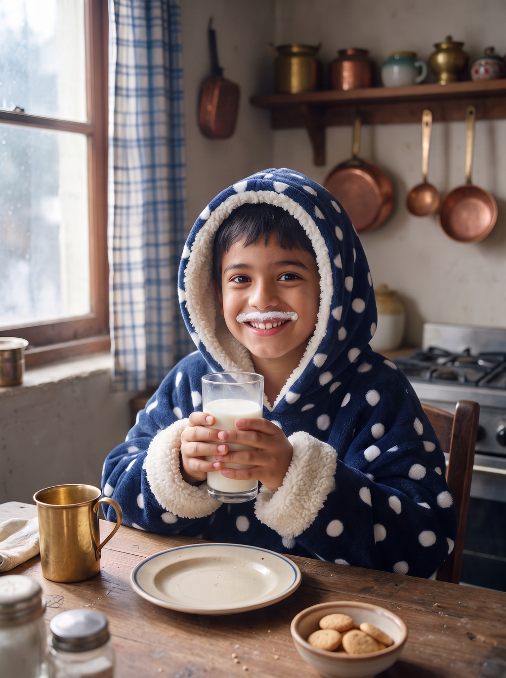 Hugsy Kids Navy Polka wearable blanket hoodie, drinking milk