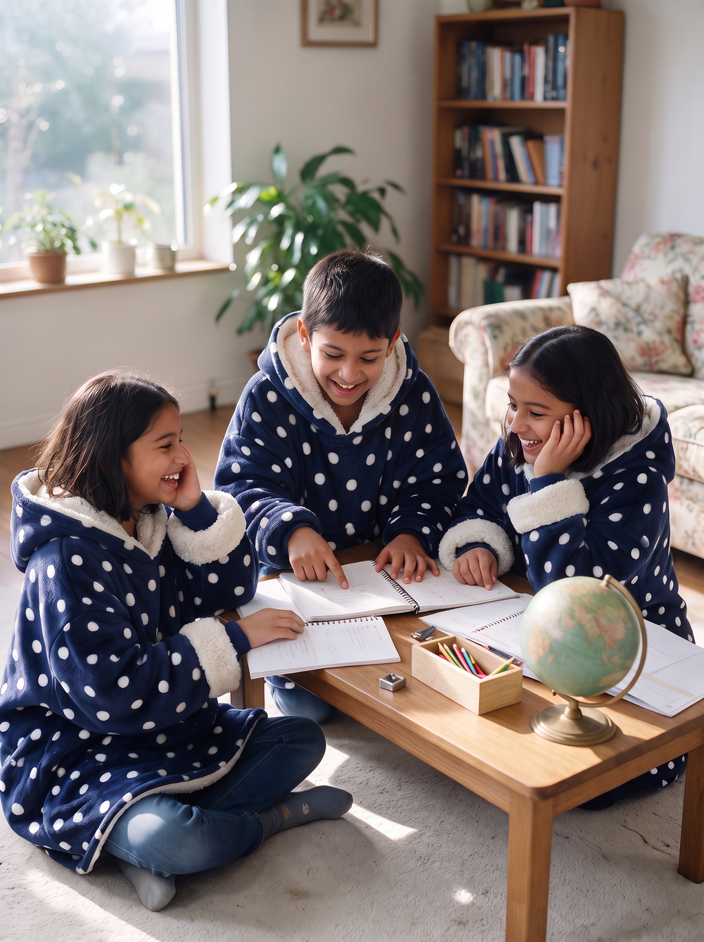 Hugsy Kids Navy Polka wearable blanket hoodie, group study