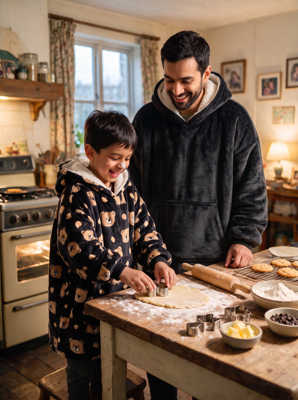 Hugsy Kids Teddy Bear Black wearable blanket hoodie, baking cookies with dad