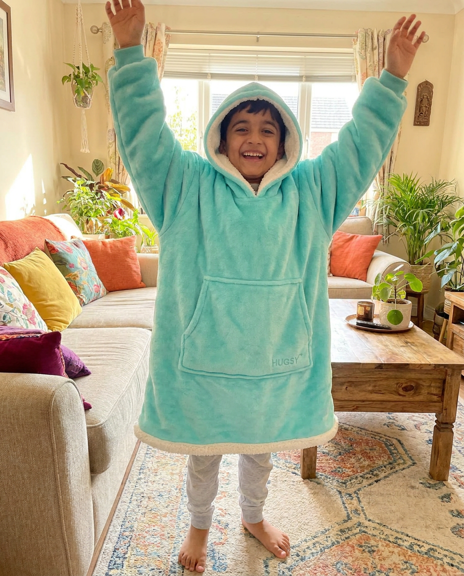 Hugsy Kids Turquoise wearable blanket hoodie, dancing