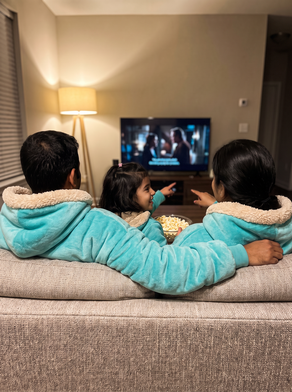 Hugsy Kids Turquoise wearable blanket hoodie, family movie night