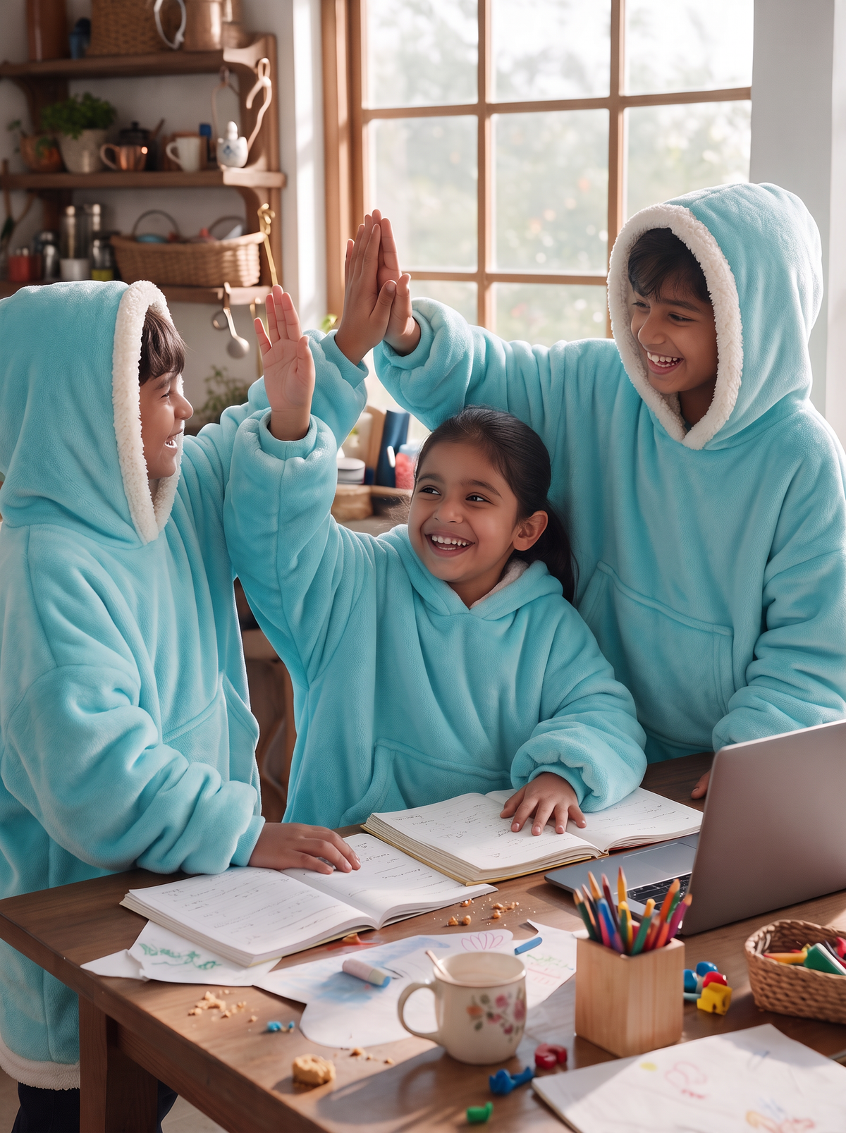 Hugsy Kids Turquoise wearable blanket hoodie, group study