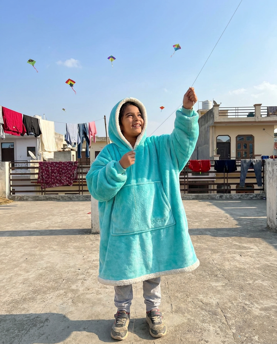 Hugsy Kids Turquoise wearable blanket hoodie, flying a kite